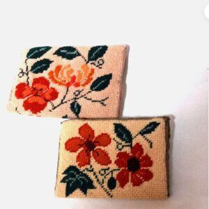 Vintage Handmade Needlepoint Coin Purse & Tissue Holder Set Floral Embroidery